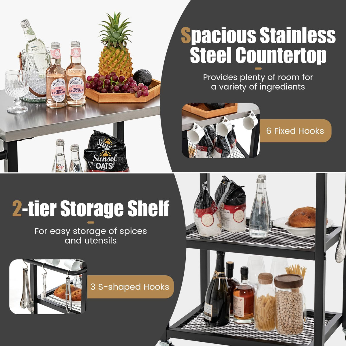 3-Tier Outdoor Grill Cart on Wheels, Pizza Oven Stand Trolley w/Stainless Steel Top & Handle