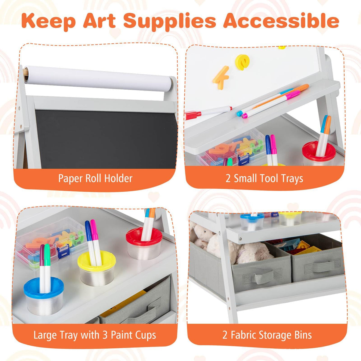 3-in-1 Kids Standing Double-sided Easel with Magnetic Chalkboard and Whiteboard