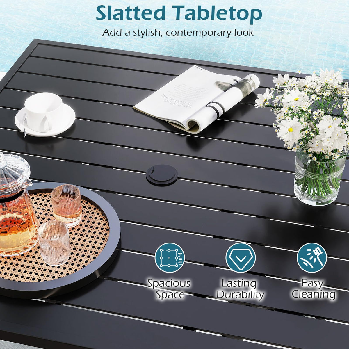 Square Patio Table for 4, 91 cm Square Metal Slat Table with 4-6 cm Adjustable Umbrella Hole