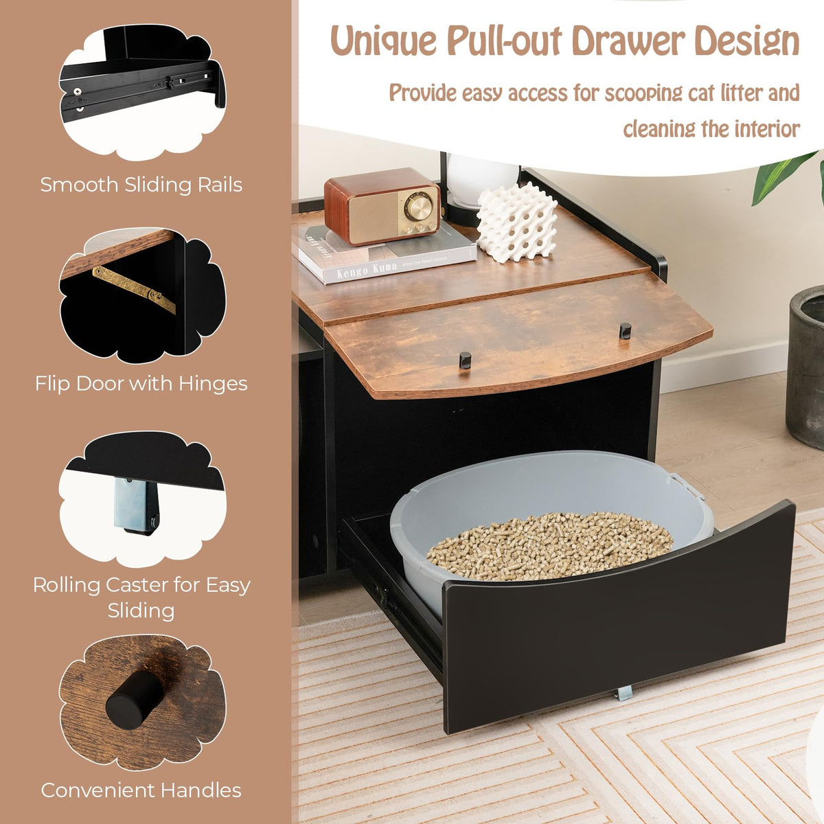 Cat Litter Box Enclosure with Pull-Out Drawer, Rolling Caster, Flip Door