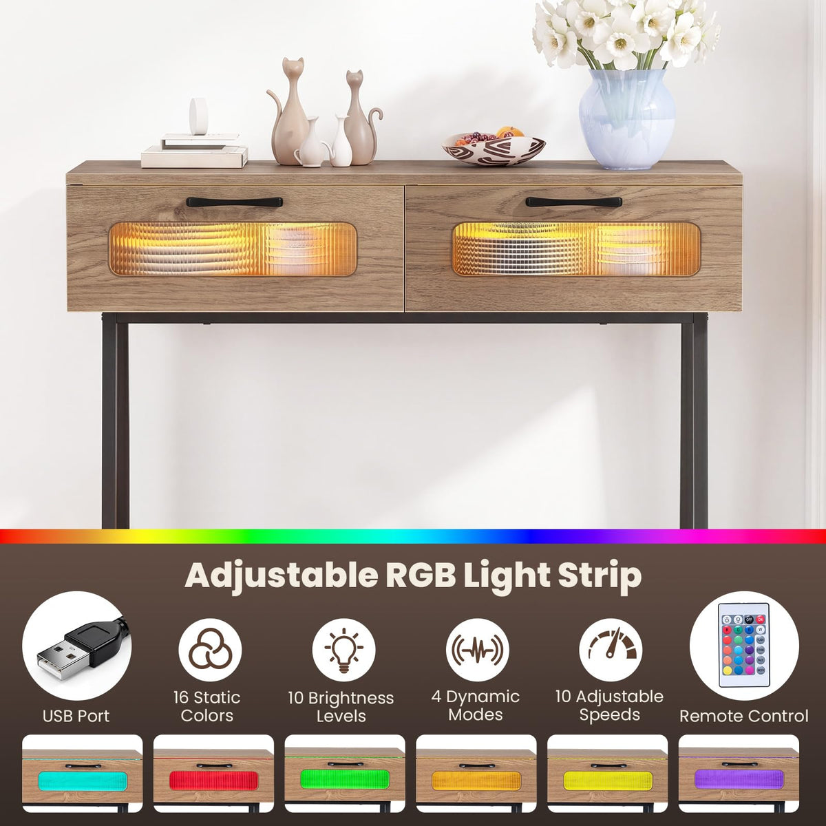 2-Tier Farmhouse Console Table with Colorful LED Lights and 2 Drawers