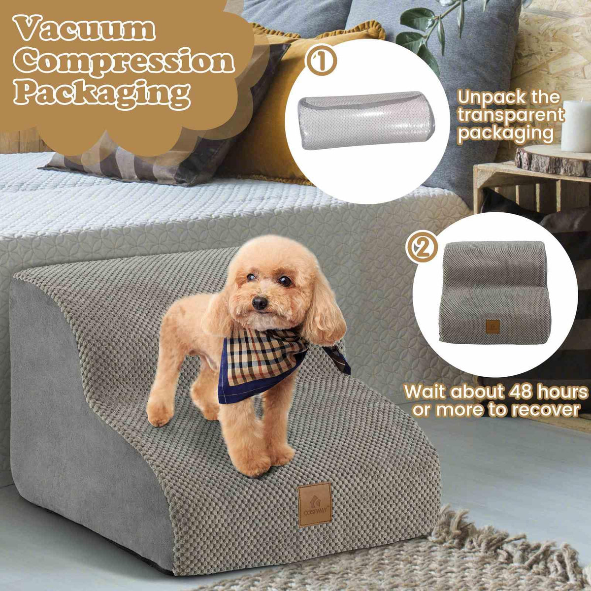 High-Density Foam Dog Ramp, 2-Tier Pet Stairs w/Washable Cover, Non-Slip Bottom