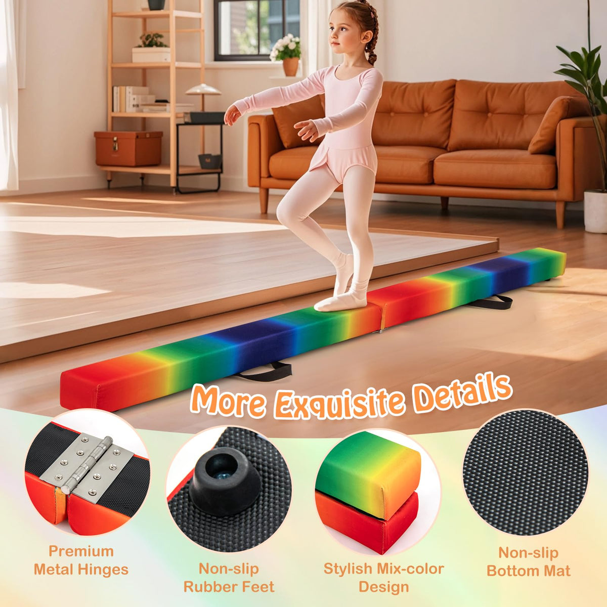 240cm Balance Beam, Folding Gymnastics Beam w/Carry Handles