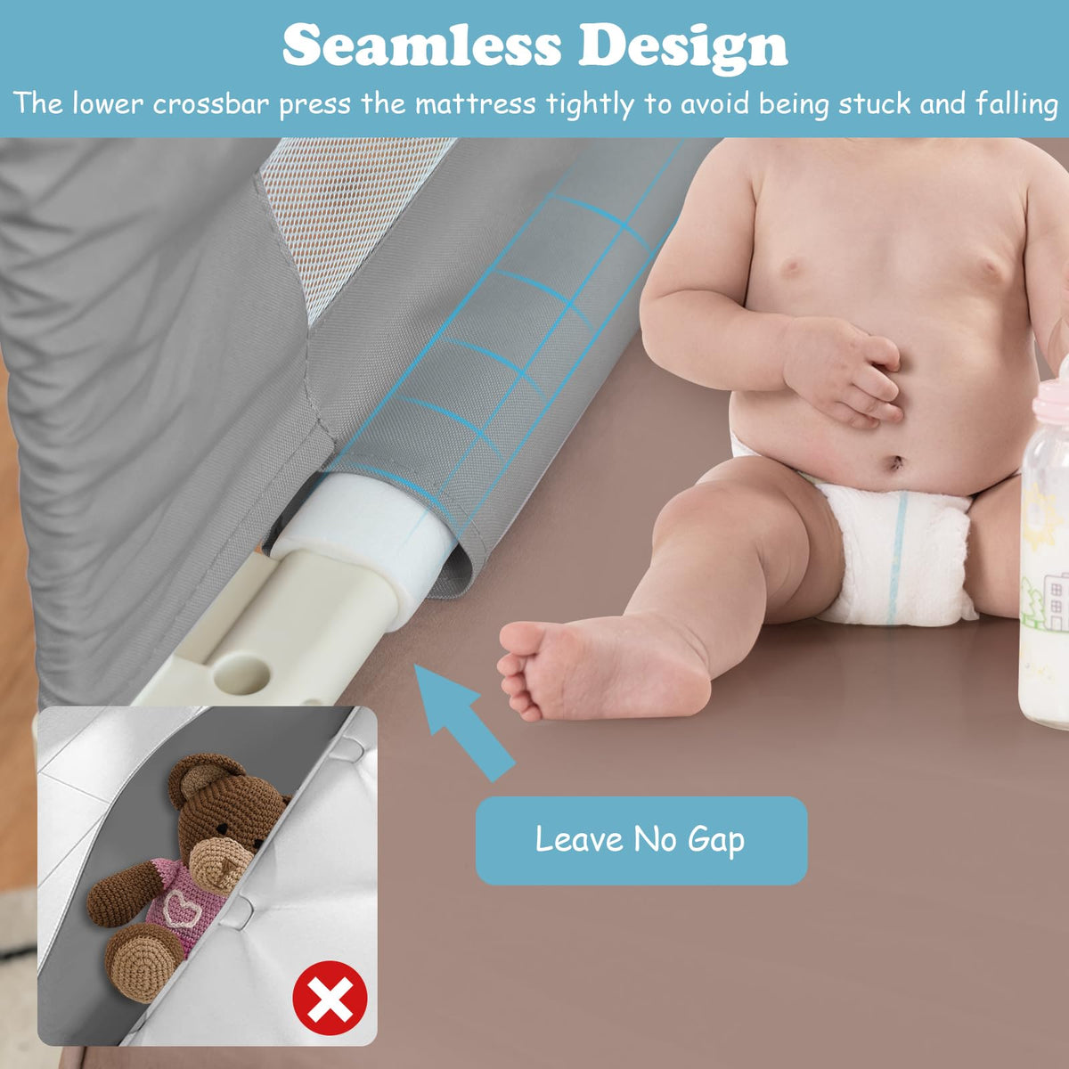 176CM Toddler Bedrail, 72.5-101.5 CM Extra Tall Bed Guardrail w/Anti-Collision Cotton & Side Pocket