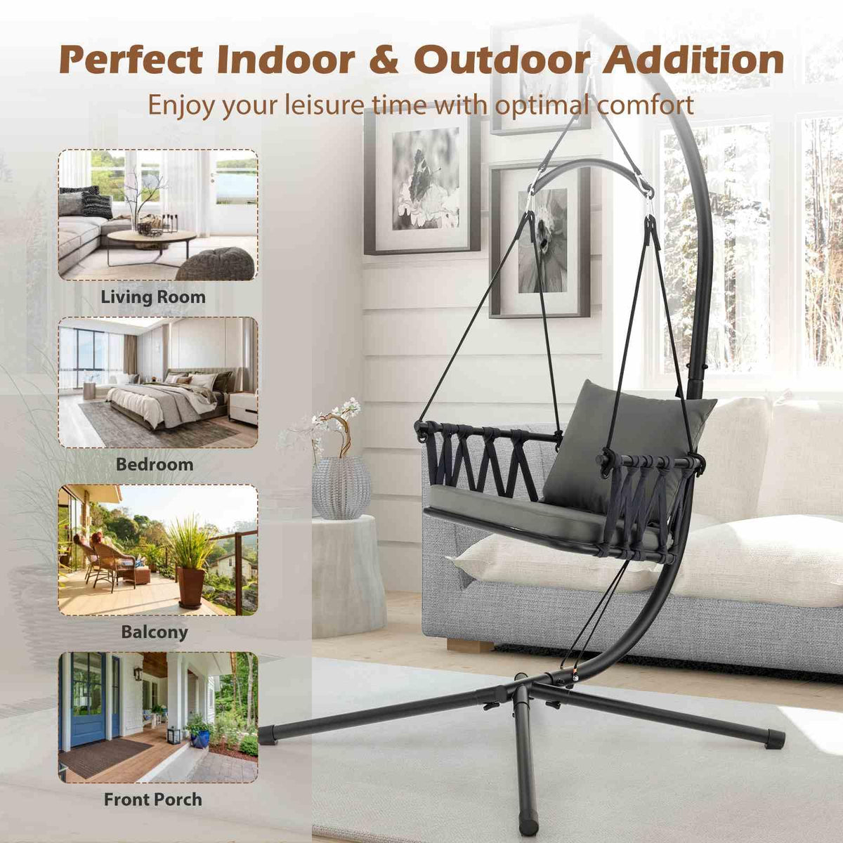 Hanging Swing Chair with Stand and Cozy Seat and Back Cushions