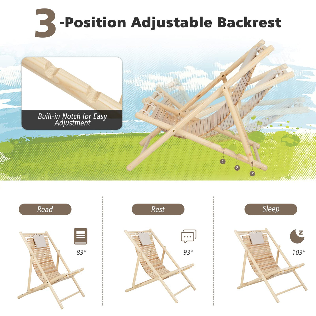 Outdoor Folding Sling Chair, Solid Fir Wood Lounge Chair with 3-Level Adjustable Backrest and Soft Padded Headrest