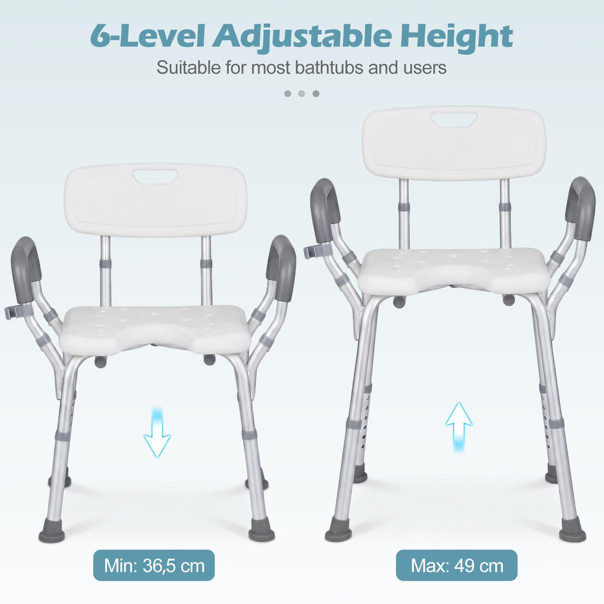 Height-adjustable hower Chair with Backrest and Padded Armrests