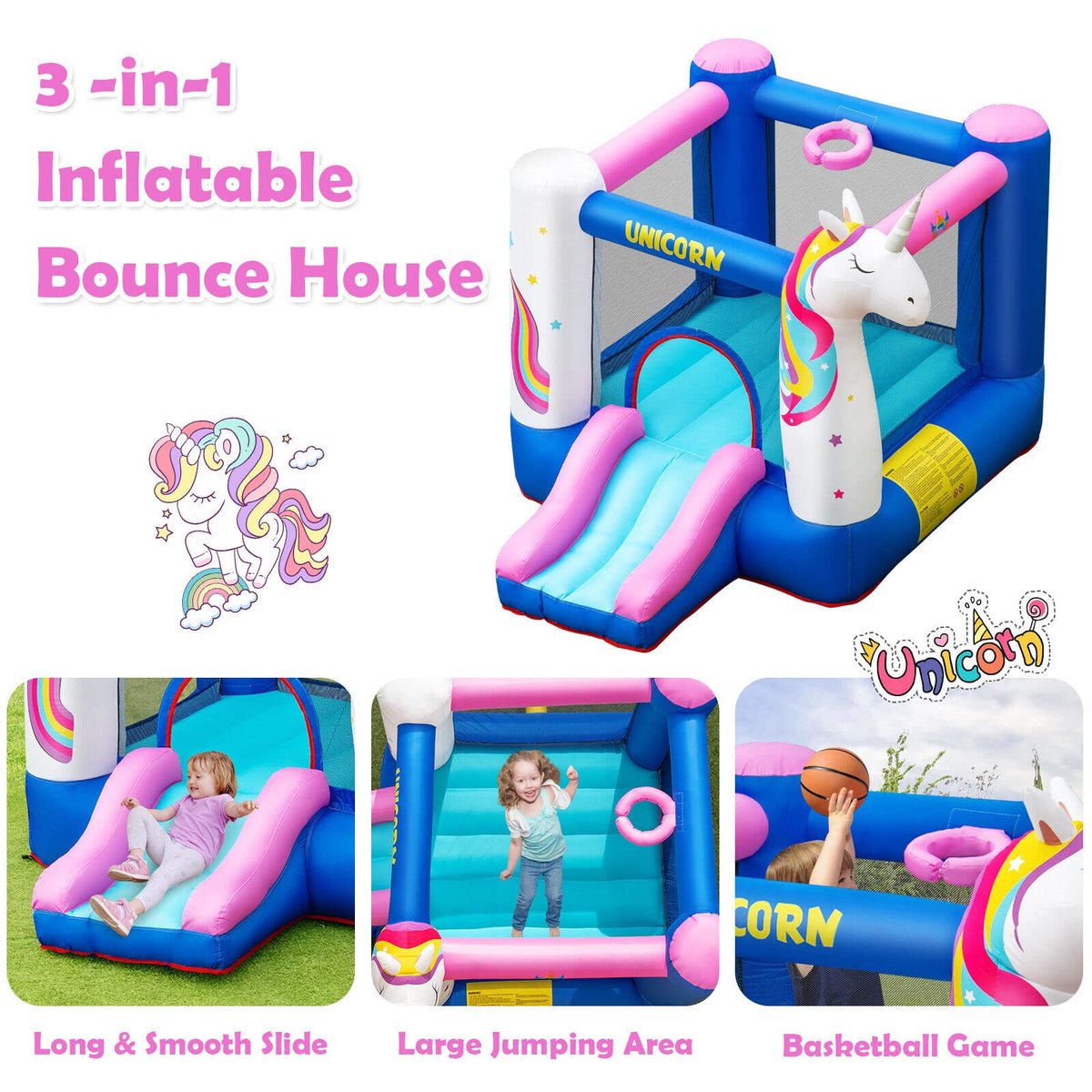 Inflatable Bounce House, 3 in 1 Jumping Castle for Kids Indoor Outdoor Party w/Jumping Area (with Blower)