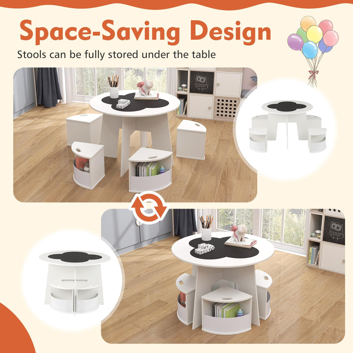 5 PCS Kids Table and Chair Set with 4 Storage Stools and Blackboard