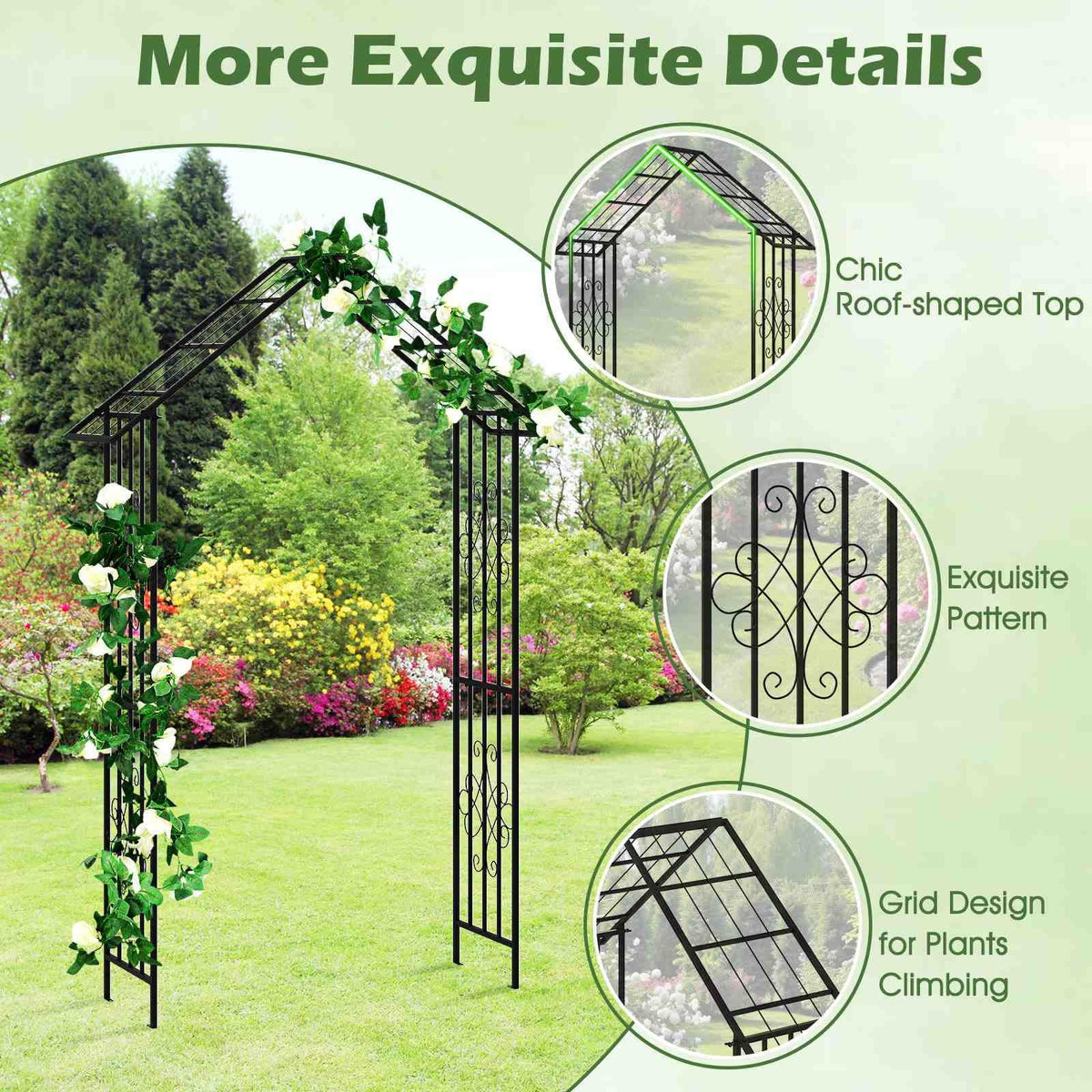 Modern Garden Arbor, Garden Trellis Pergola w/Multiple Side Crossbars, 4 Ground Stakes, Stylish Roof-shaped Top