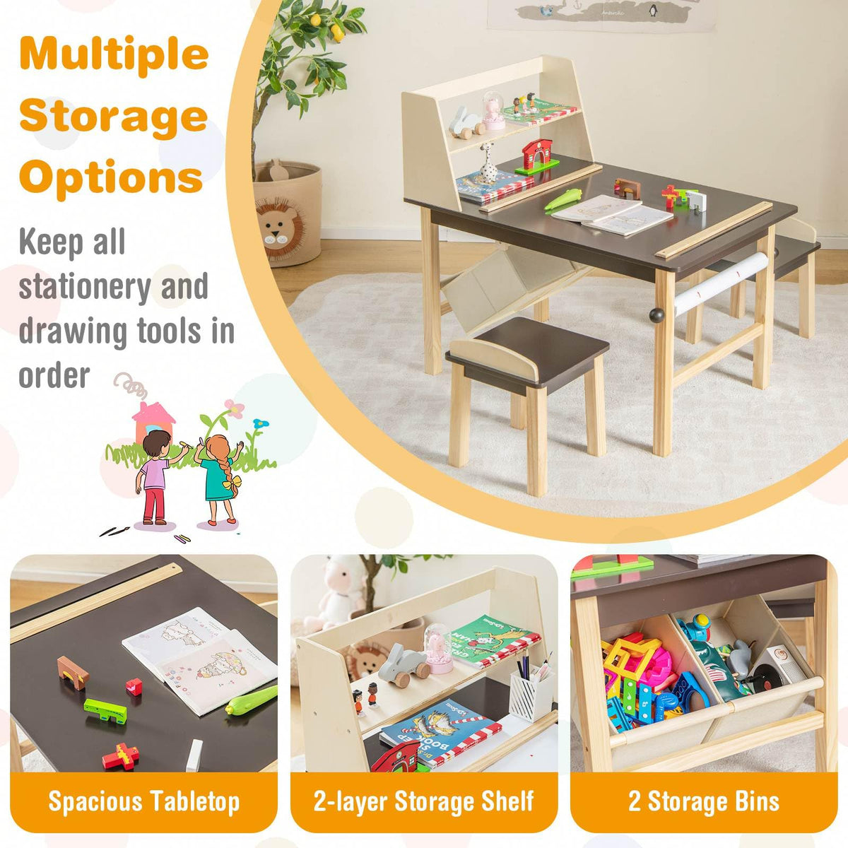 Kid's Wooden Art Table and 2 Chairs Set wiht 2-Tier Open Shelf