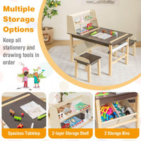 Kid's Wooden Art Table and 2 Chairs Set wiht 2-Tier Open Shelf