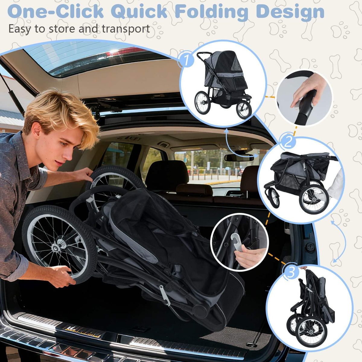 3-Wheel Pet Stroller for Small and Medium Dogs Foldable Cat Stroller Jogger