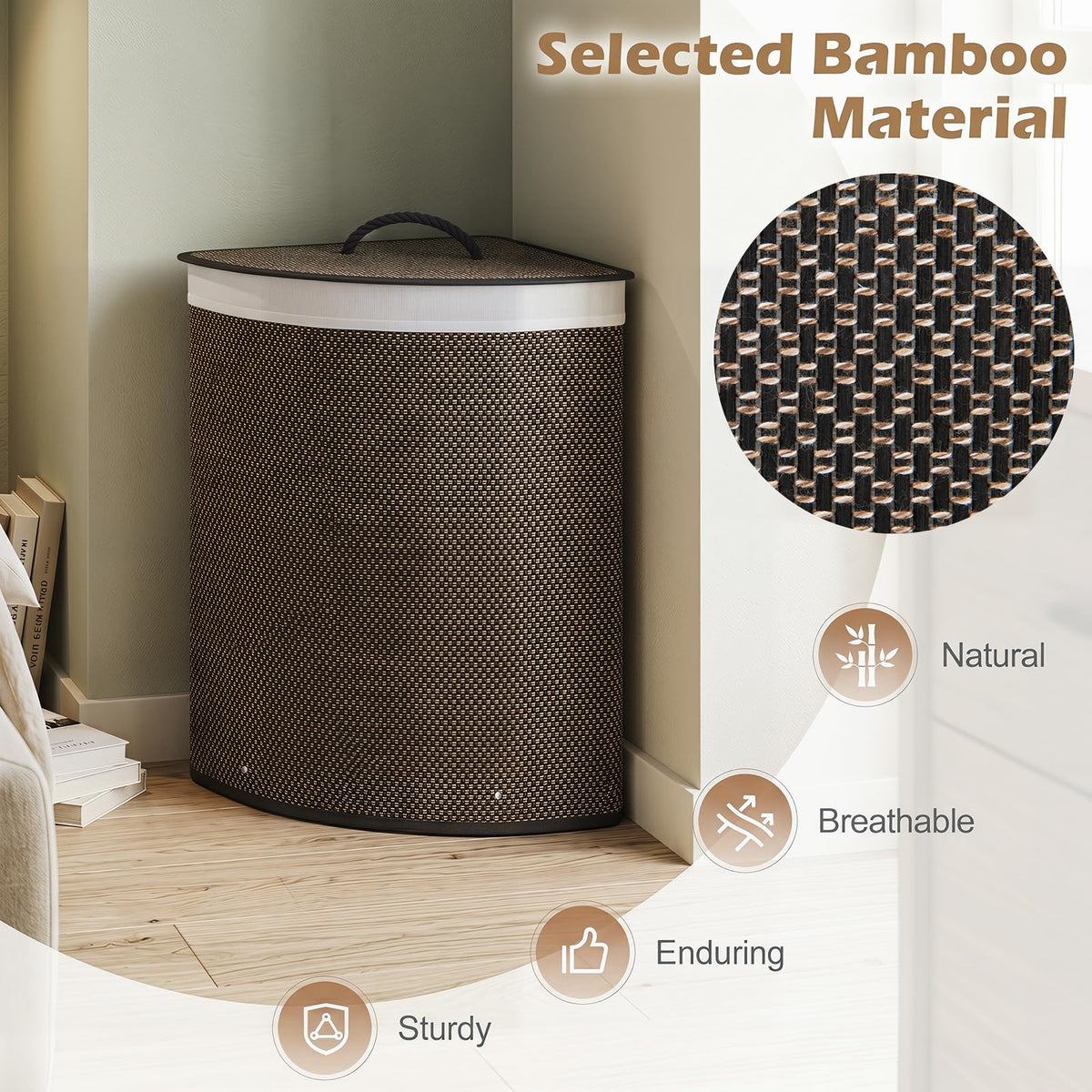Giantex Corner Bamboo Laundry Hamper w/Lid, 57 L Capacity Clothes Hamper