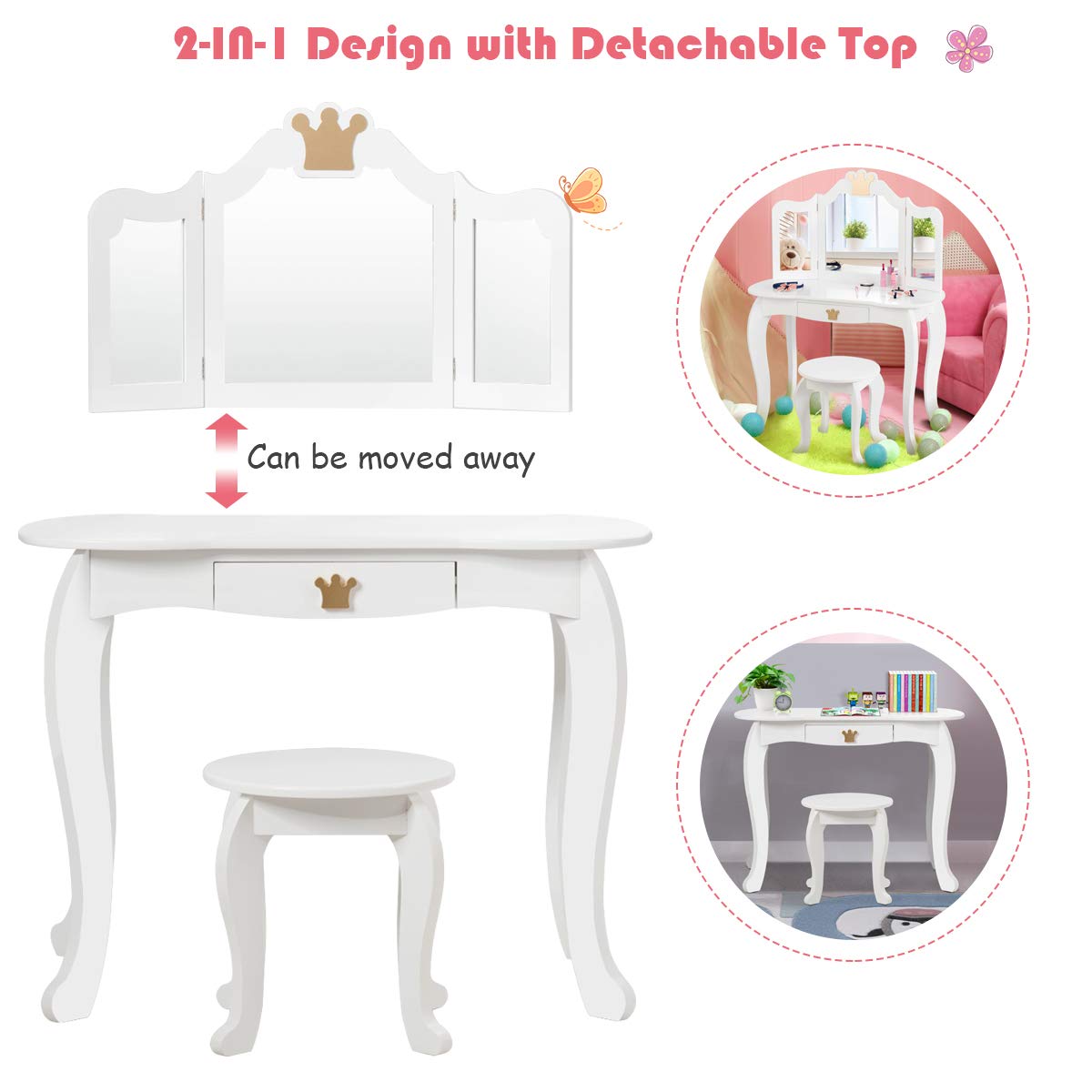 2-in-1 Kids Dressing Table & Stool Set, Toddler Wooden Vanity Table with Tri-Fold Mirror & Drawer