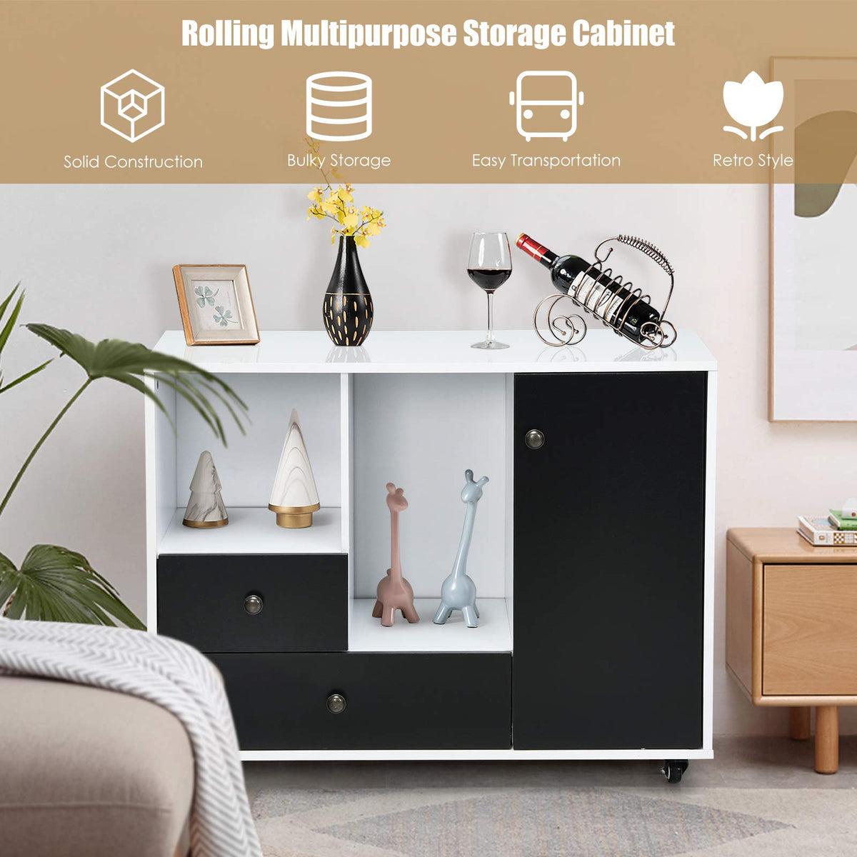 Filing Storage Cabinet, 2-Drawer Lateral Rolling Filling Cupboard with 4 Wheels, Storage Door, White & Black, 90CM