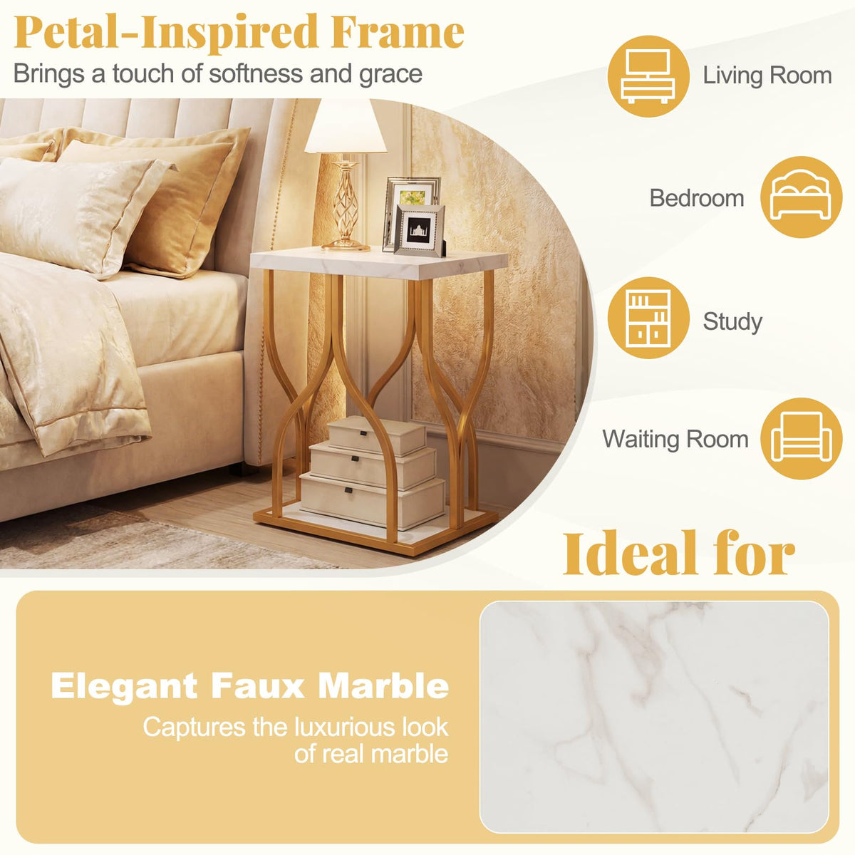 Faux Marble Bedside NightStand with Storage Shelf and Petal-Inspired Metal Frame