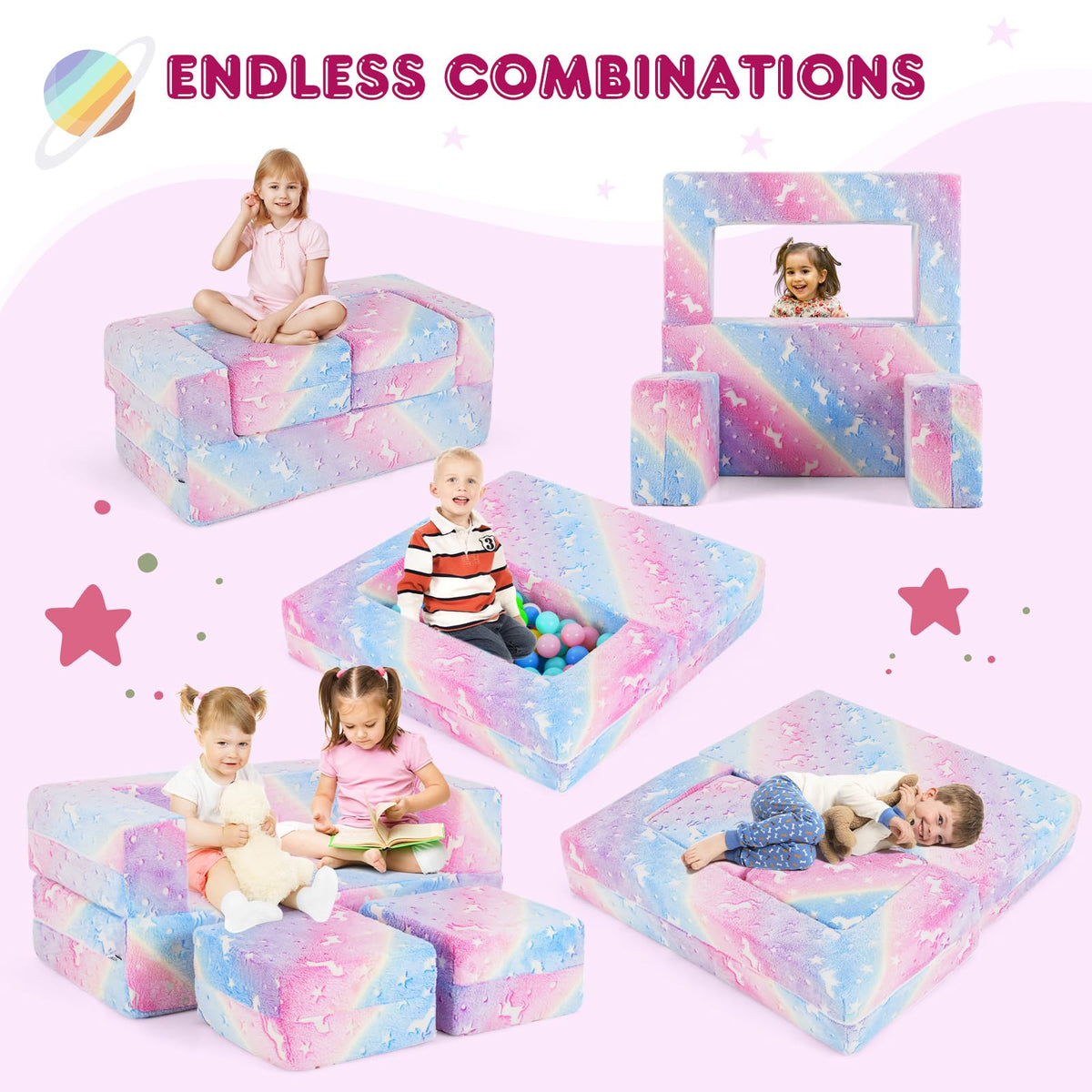 2 Seater Kids Play Couch Glow in the Dark Modular Sofa Play Set