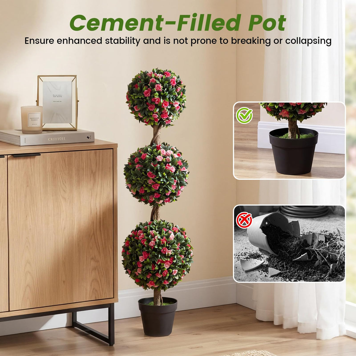 Artificial Triple Ball Rose Topiary Tree, 43.5" Faux Potted Floral Plant