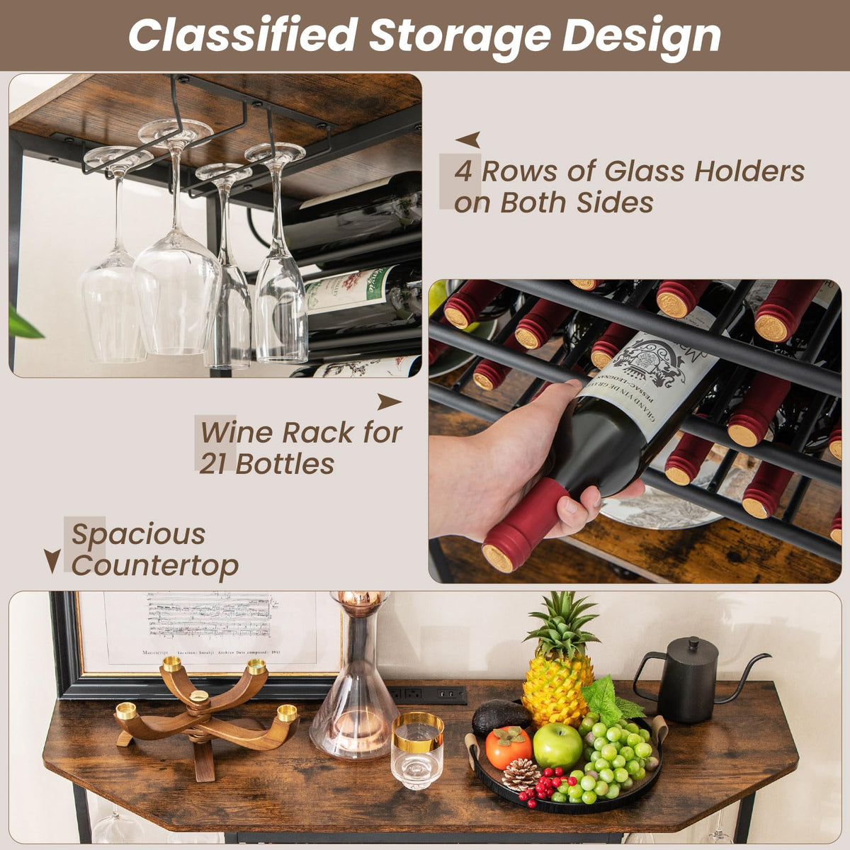 Giantex Wine Rack Table with Power Outlets, 3-Tier Freestanding Liquor Cabinet