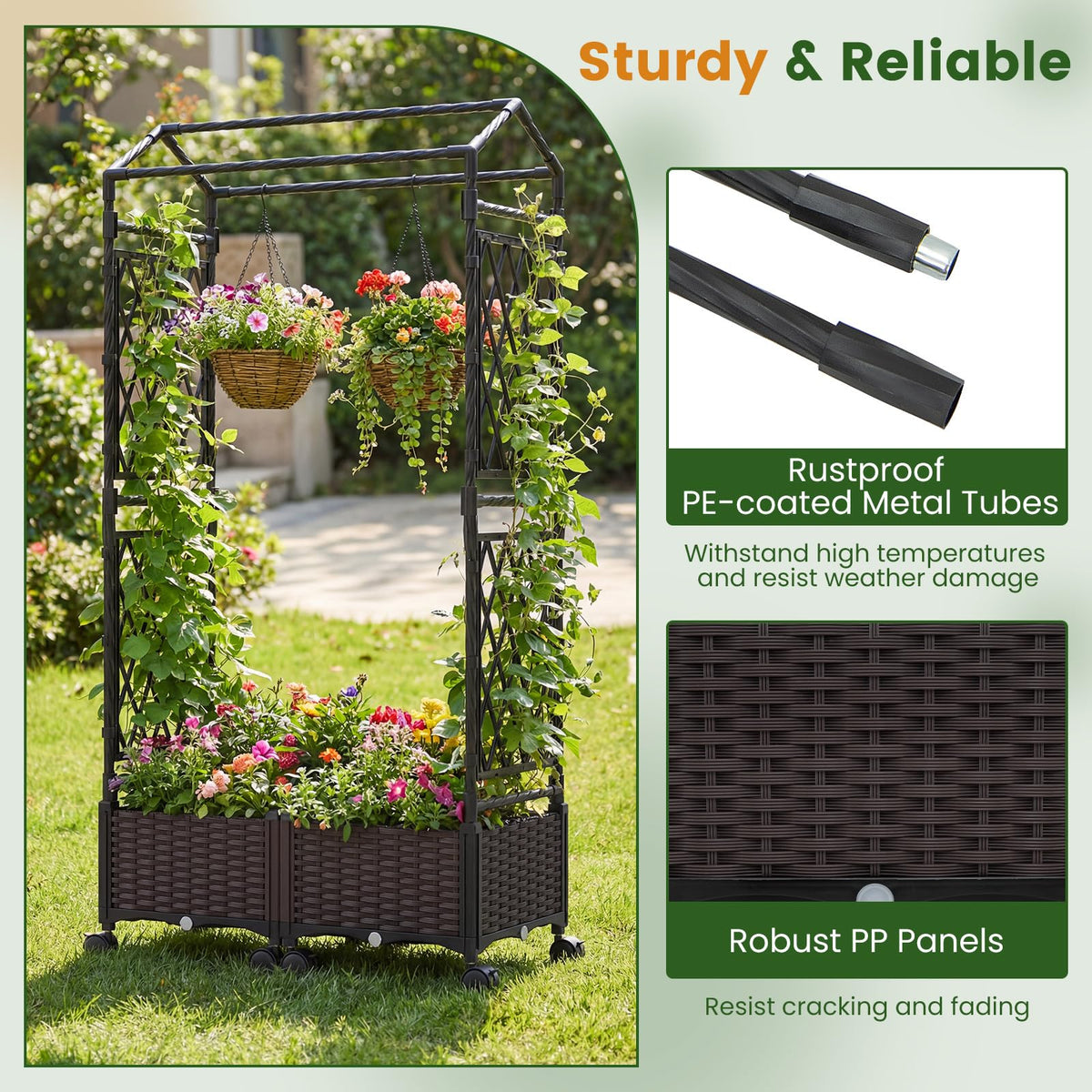 163cm Tall Self-Watering Planter Boxes with Lattice Trellis and Roof