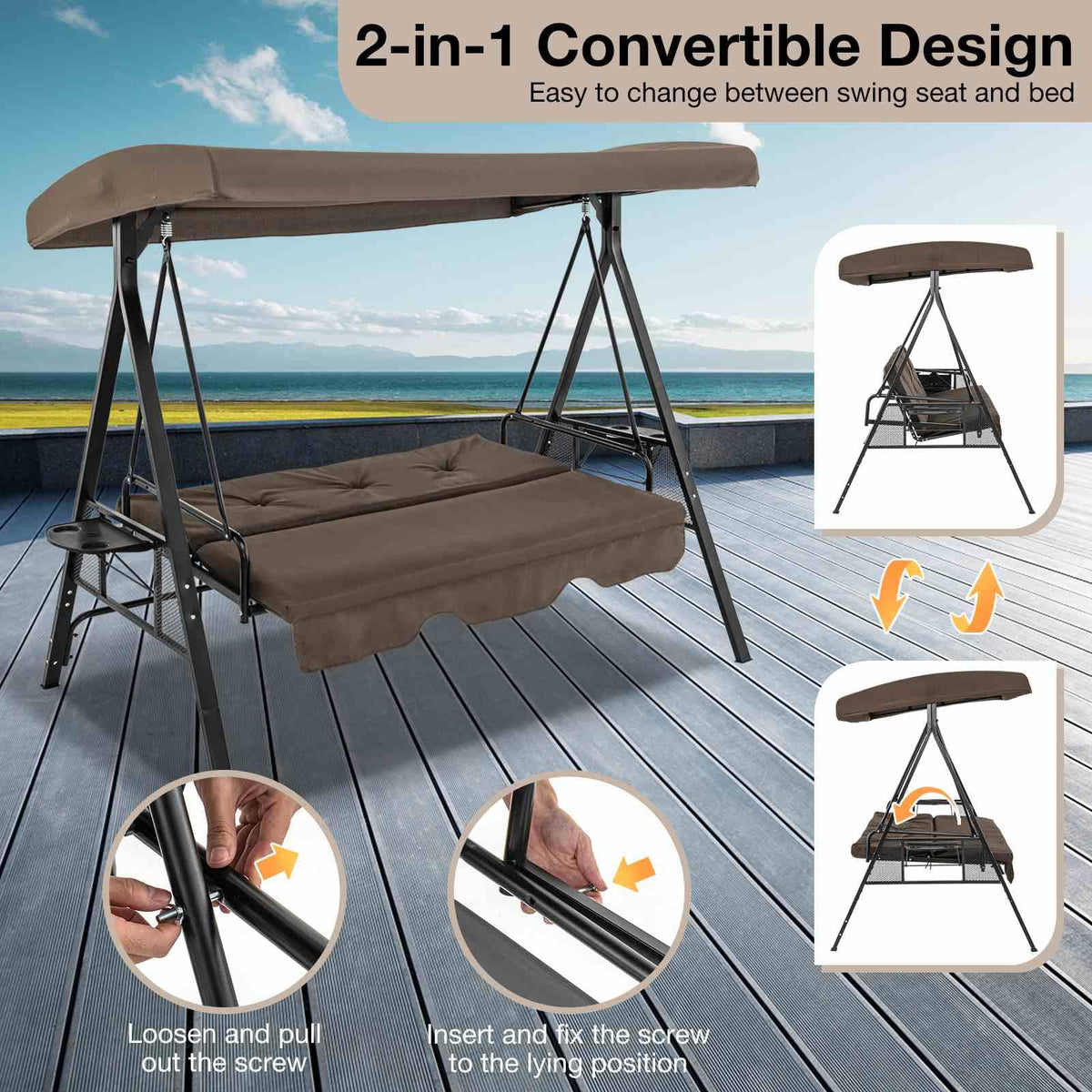 2-in-1 Patio Convertible Swing Chair to Flat Bed