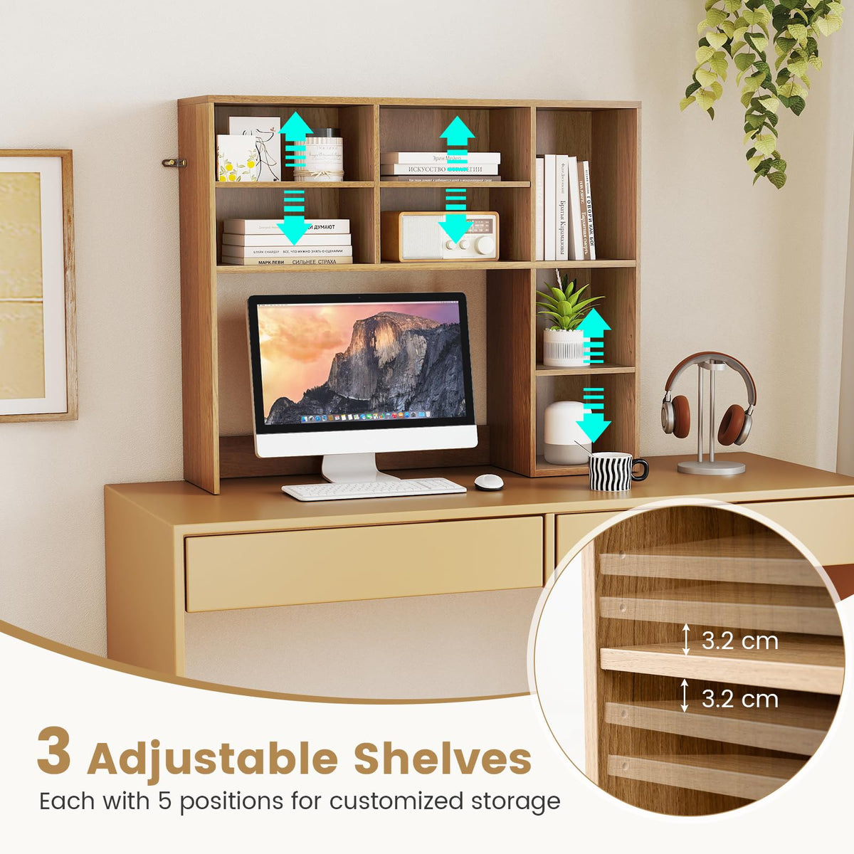 Desktop Bookshelf, Desk Hutch with 3 Adjustable Shelves & Open Compartment