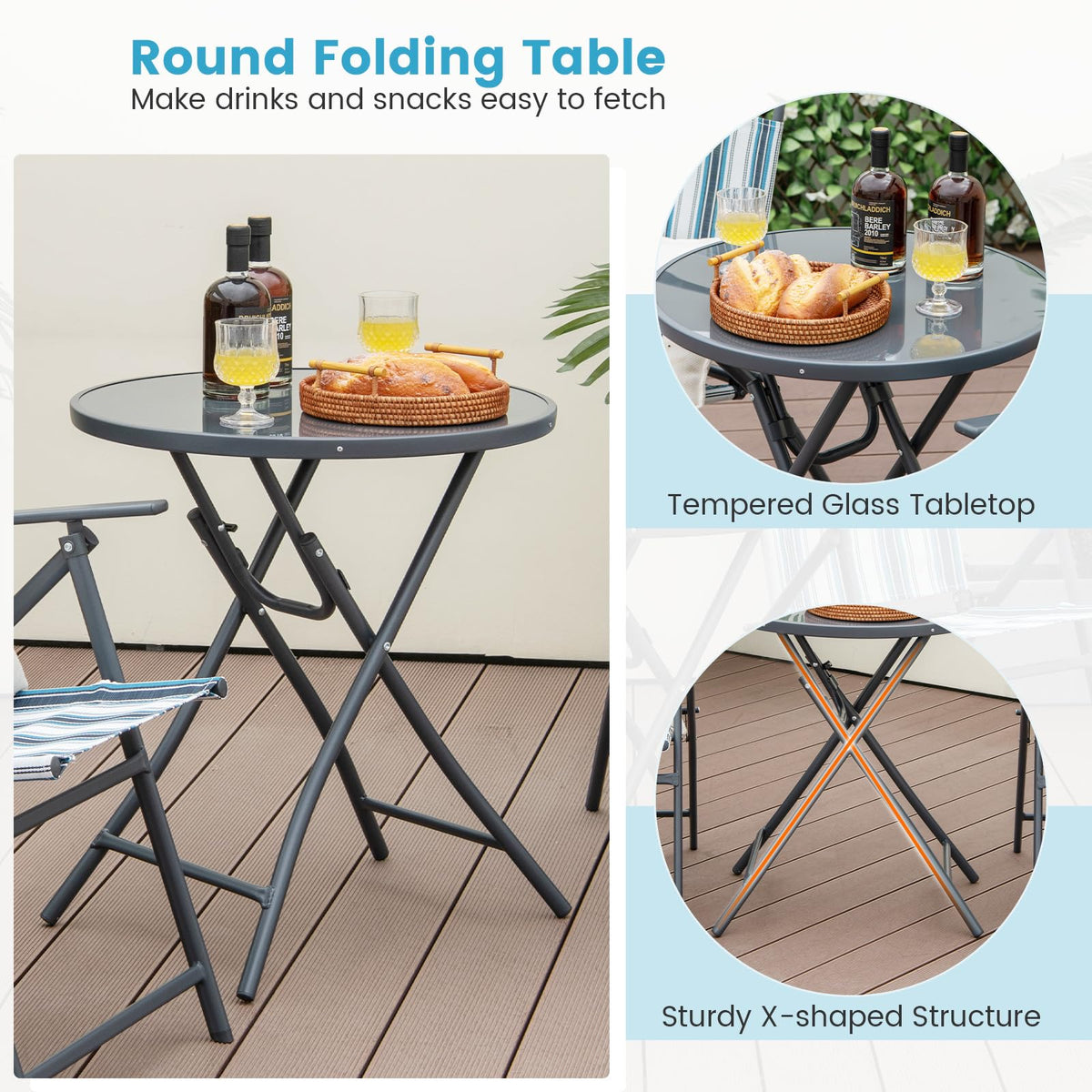 3 Piece Outdoor Folding Bistro Set with Folding Table for Outdoor/Indoor Use