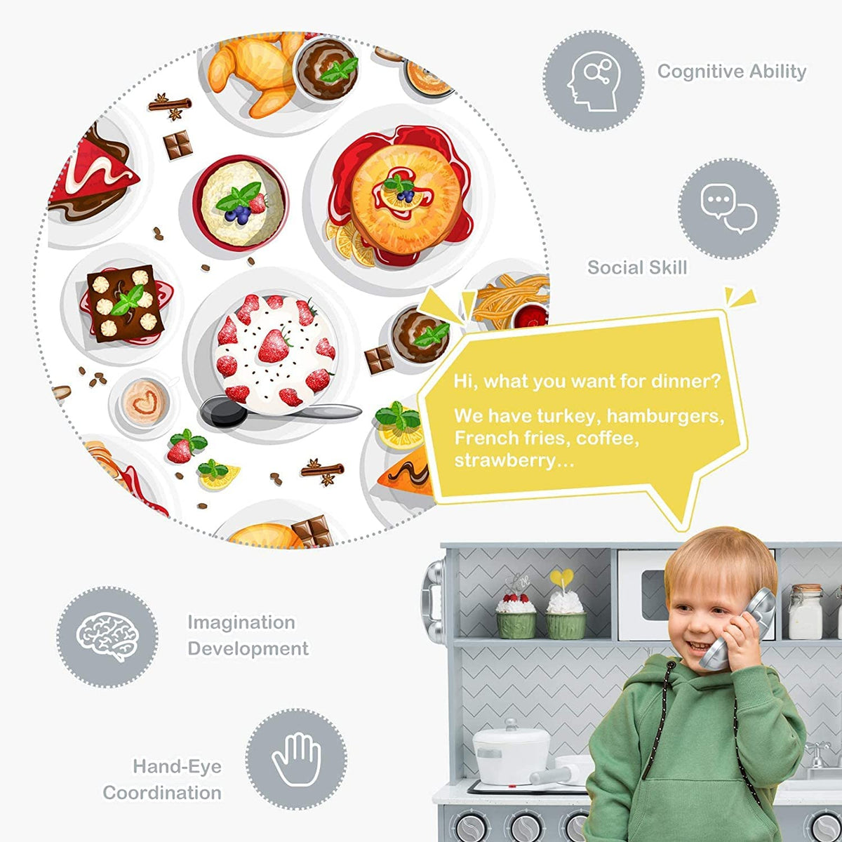 Wooden Pretend Kitchen Playset with Accessories for Kids