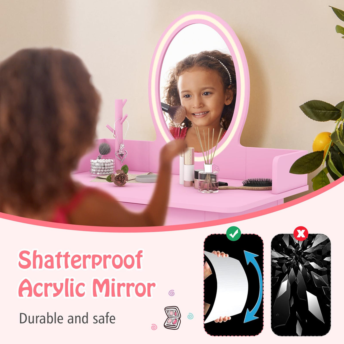 Wooden Kids Vanity Set w/Lighted Mirror