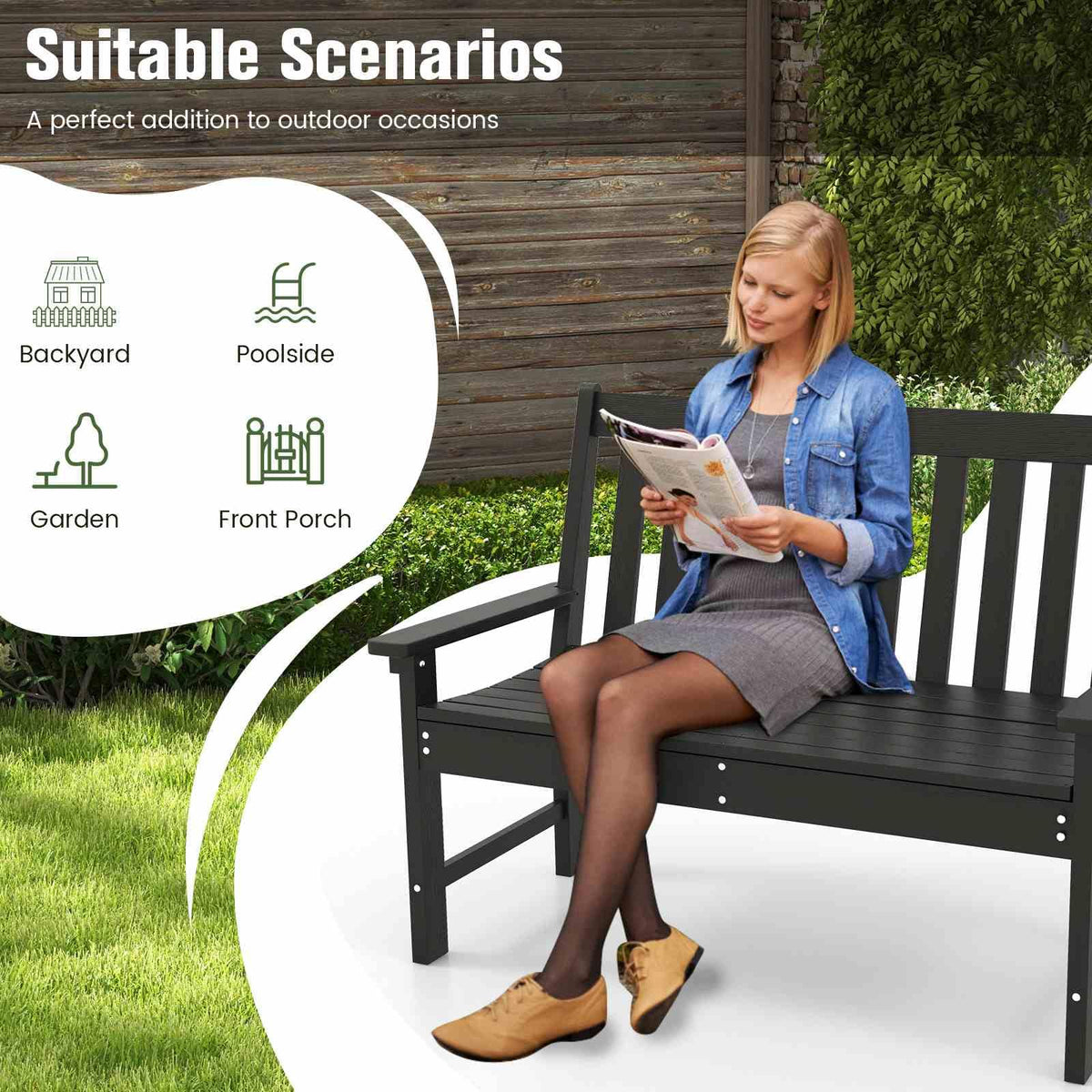 Outdoor 2-Person Bench, All-Weather HDPE Patio Loveseat Chair w/Cozy Backrest