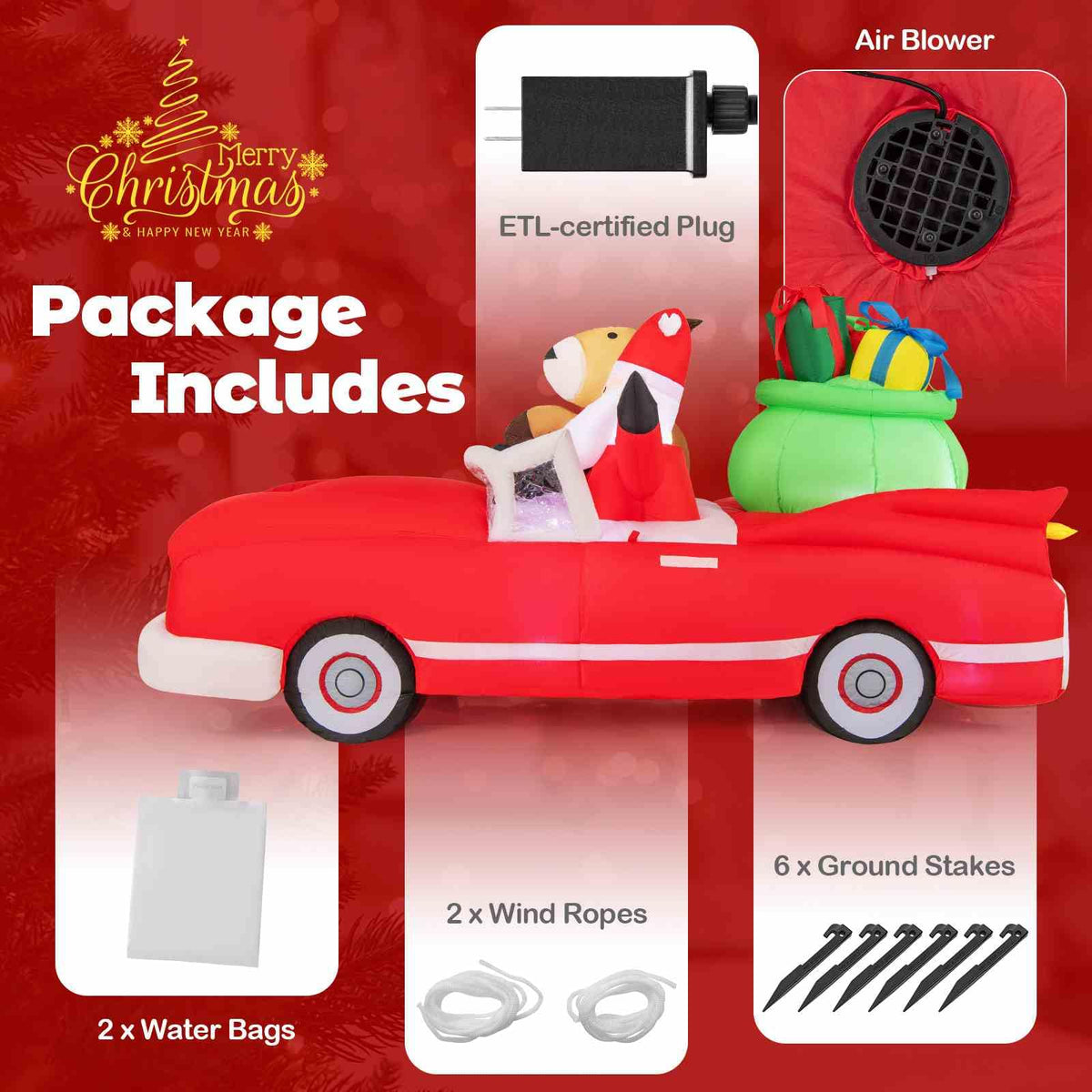 2.35M Long Christmas Inflatable Santa Claus and Reindeer Riding Red Car with Gift Bag