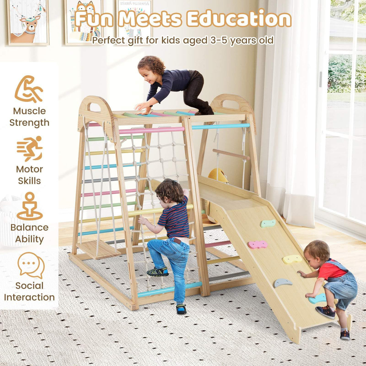 8-in-1 Jungle Gym, Wooden Montessori Climber Playset with Slide
