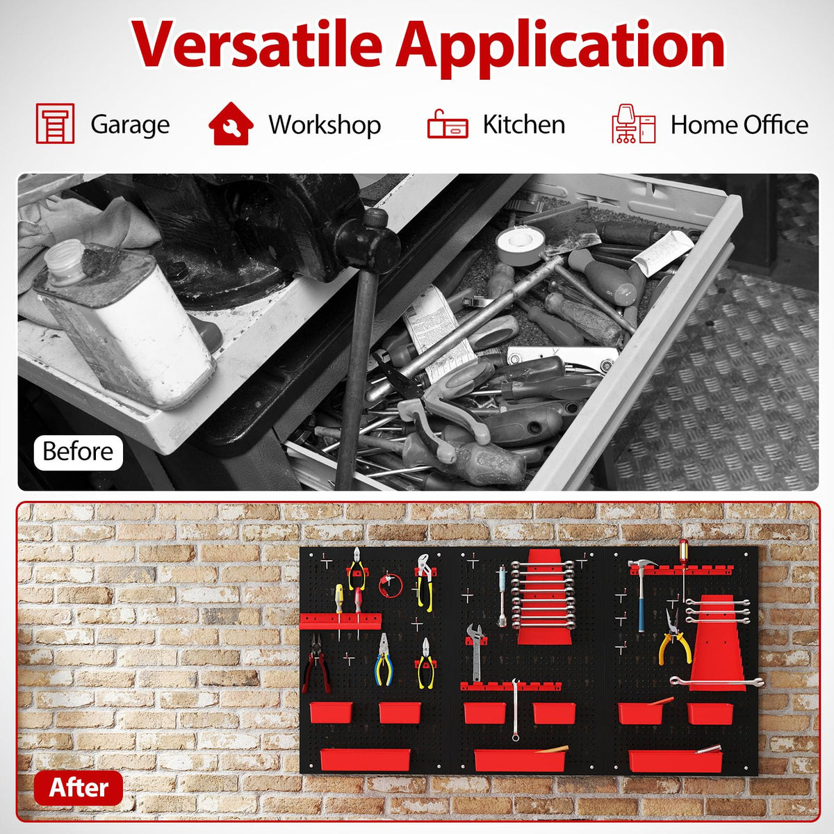 9-Bin Parts Rack Organizer with Tool Holders and Hooks