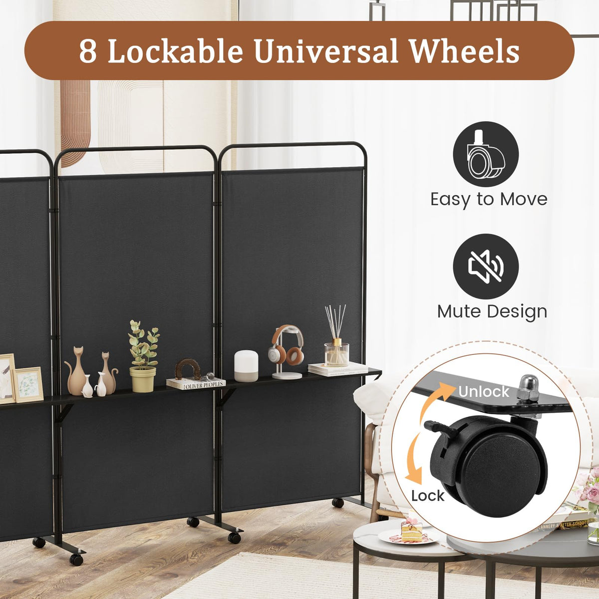 Giantex 3-Panel Folding Room Divider, 188cm Rolling Privacy Screen w/ 3 Metal Shelves, Lockable Wheels