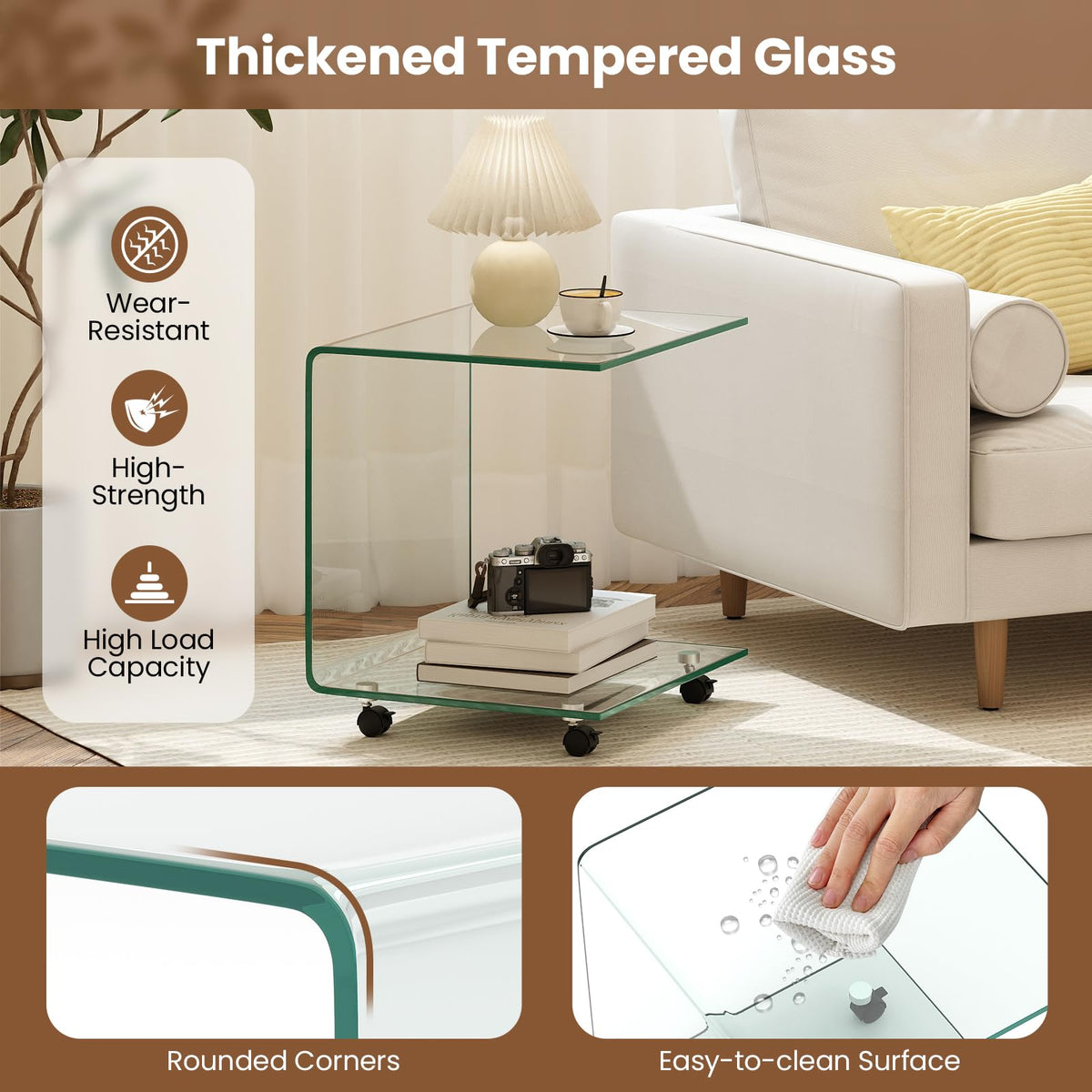C-Shaped End Table, Modern Tempered Glass Side Table with 2-Tier Shelf
