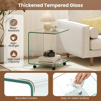C-Shaped End Table, Modern Tempered Glass Side Table with 2-Tier Shelf