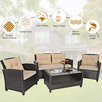 4 Pcs Outdoor Furniture Set, Patio Rattan Wicker Conversation Set, Tempered Glass Tabletop & Sponge Cushions, Mixed Brown & Beige