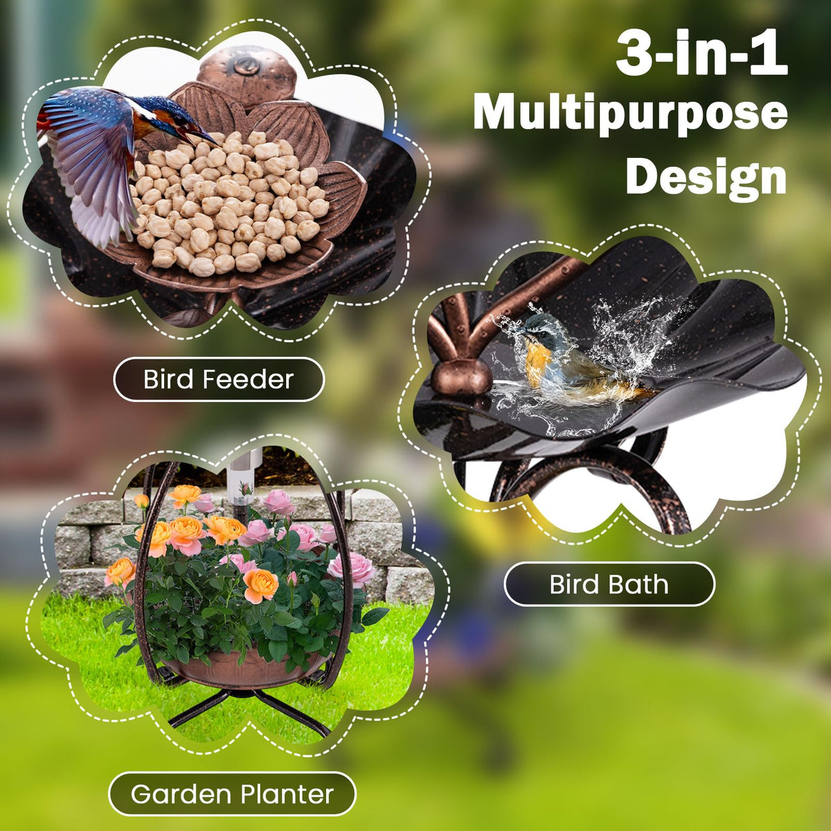 Solar Outdoor Bird Bath, Vintage Bird Bath & Feeder Combo