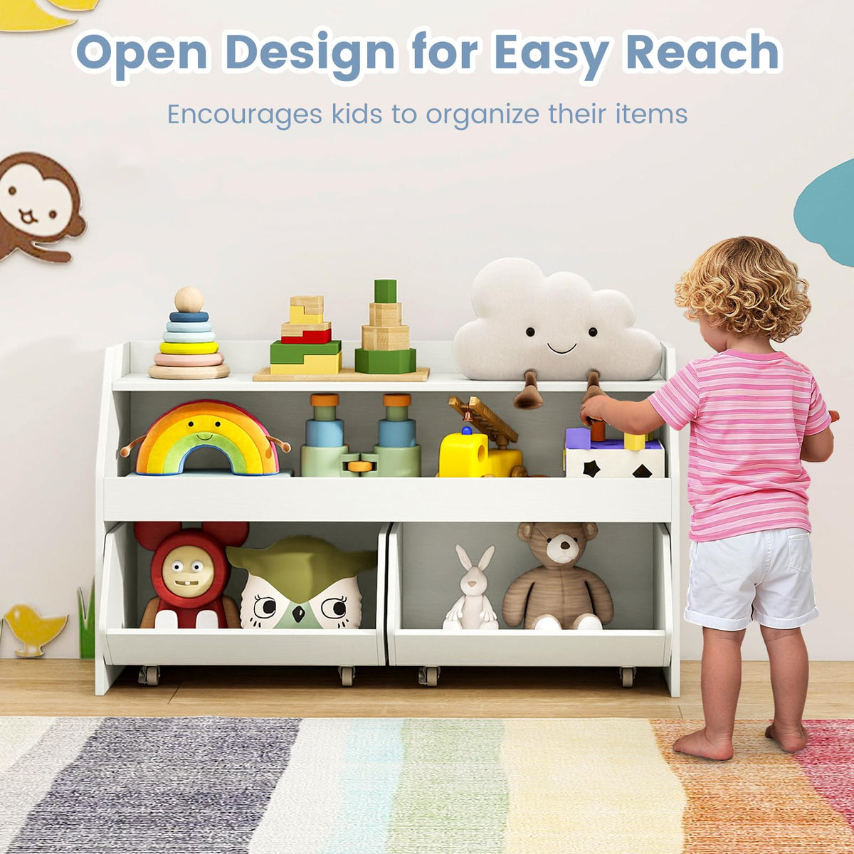 Kids Toy Storage Box, Children Wooden Bookcase with 2 Movable Drawers