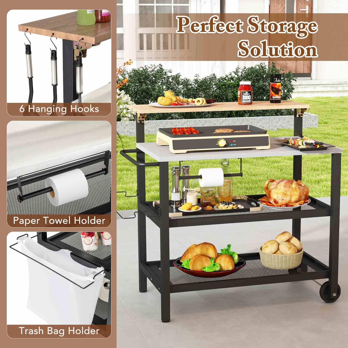 Rolling Bar Cart with Flip-up Table and Foldable Handle for Kitchen