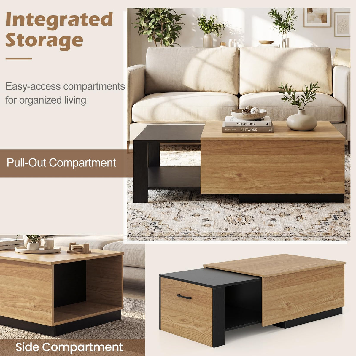 Extendable Coffee Table with 2 Storage Compartments Dual-Tone Center Table
