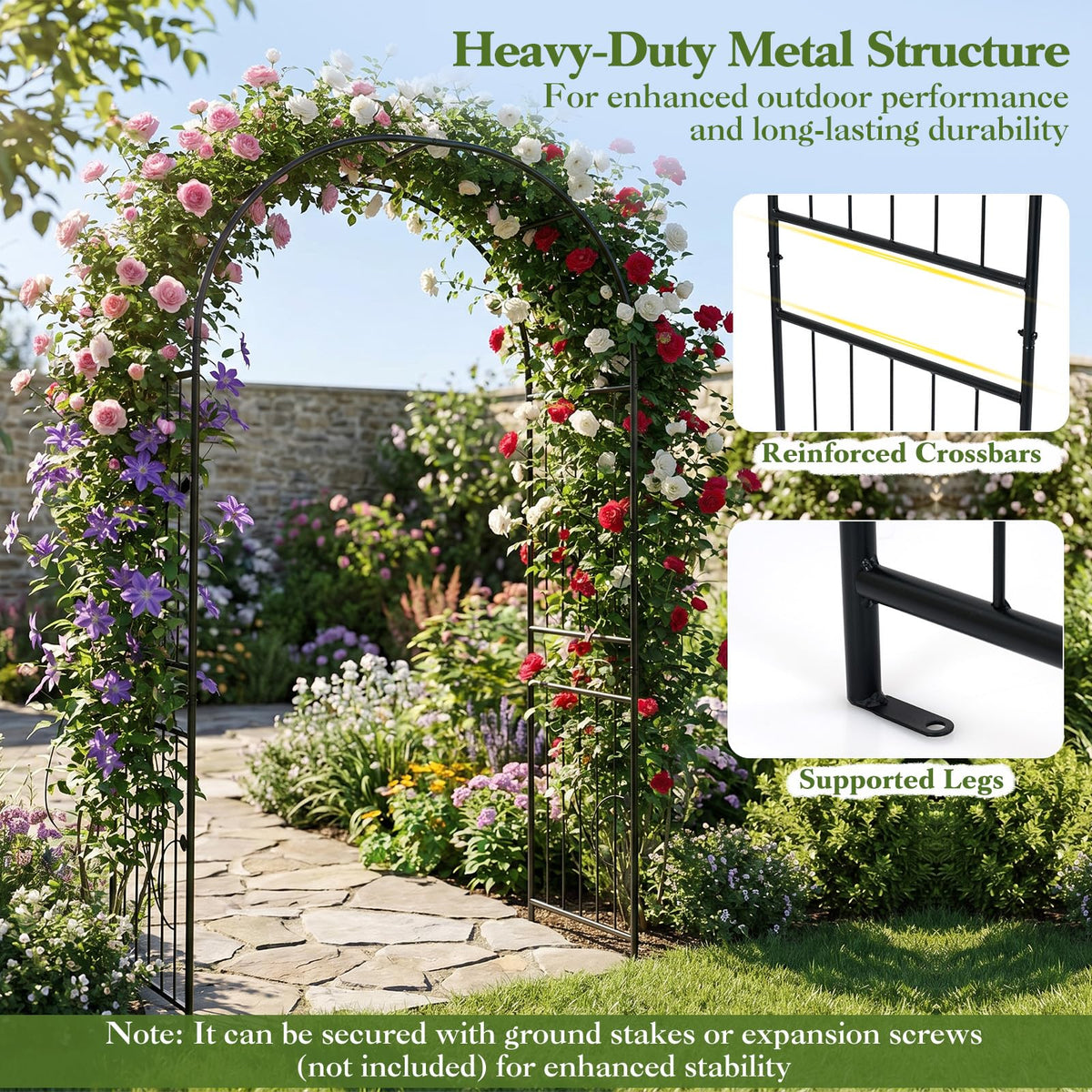 Garden Arch, 220cm Tall Heavy Duty Metal Arbor Trellis Archway for Climbing Plants, Roses
