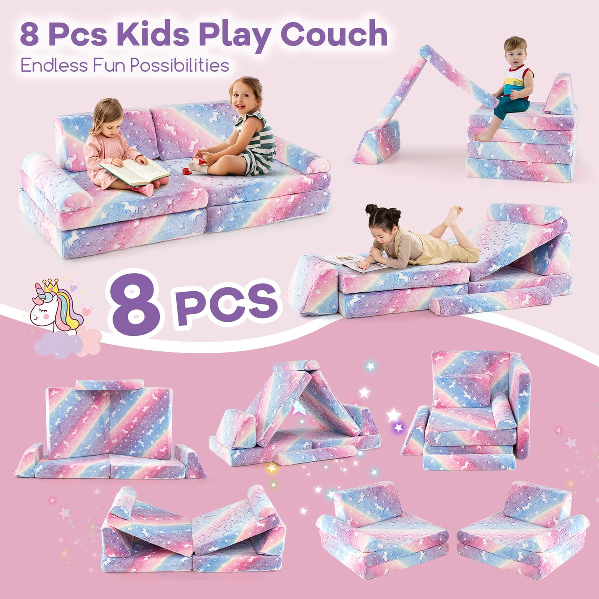 6 Pcs Modular Kids Play Couch with Handles for Building Fort Playroom