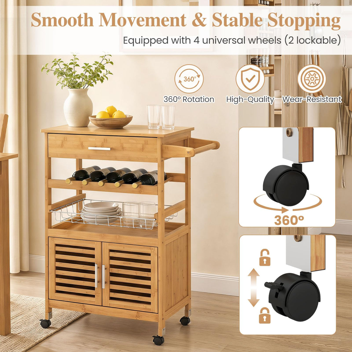 Giantex Bamboo Rolling Kitchen Island Trolley with Storage Cabinet