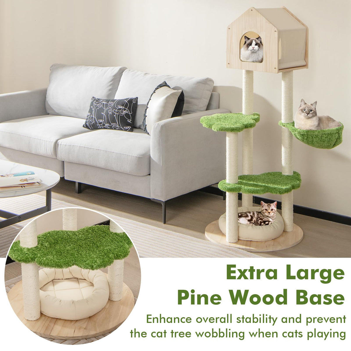 1.4M Cute Cat Tree for Indoor Cats, Multi-Level Wood Cat Tower w/Sisal Scratching Posts