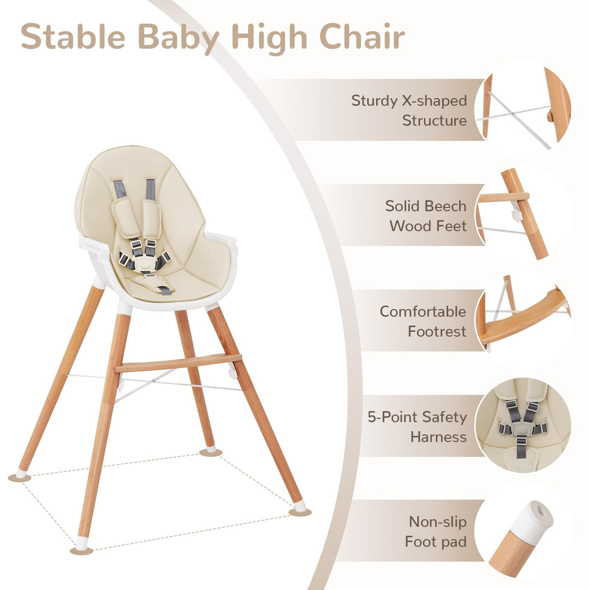 Wooden Highchair for Babies Infants w/Double 4-Gear Tray, Removable Seat Cushion & 5 Point Harness