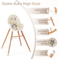 Wooden Highchair for Babies Infants w/Double 4-Gear Tray, Removable Seat Cushion & 5 Point Harness