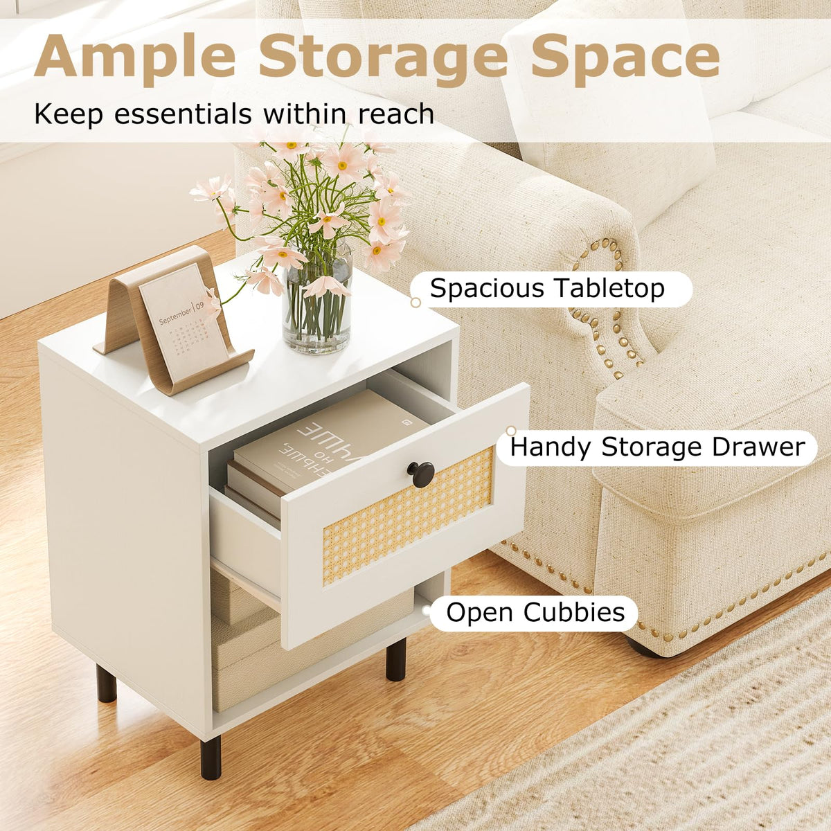 Rattan Nightstand with Drawer and Open Storage Shelf for Living Room and Bedroom