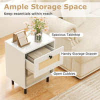 Rattan Nightstand with Drawer and Open Storage Shelf for Living Room and Bedroom